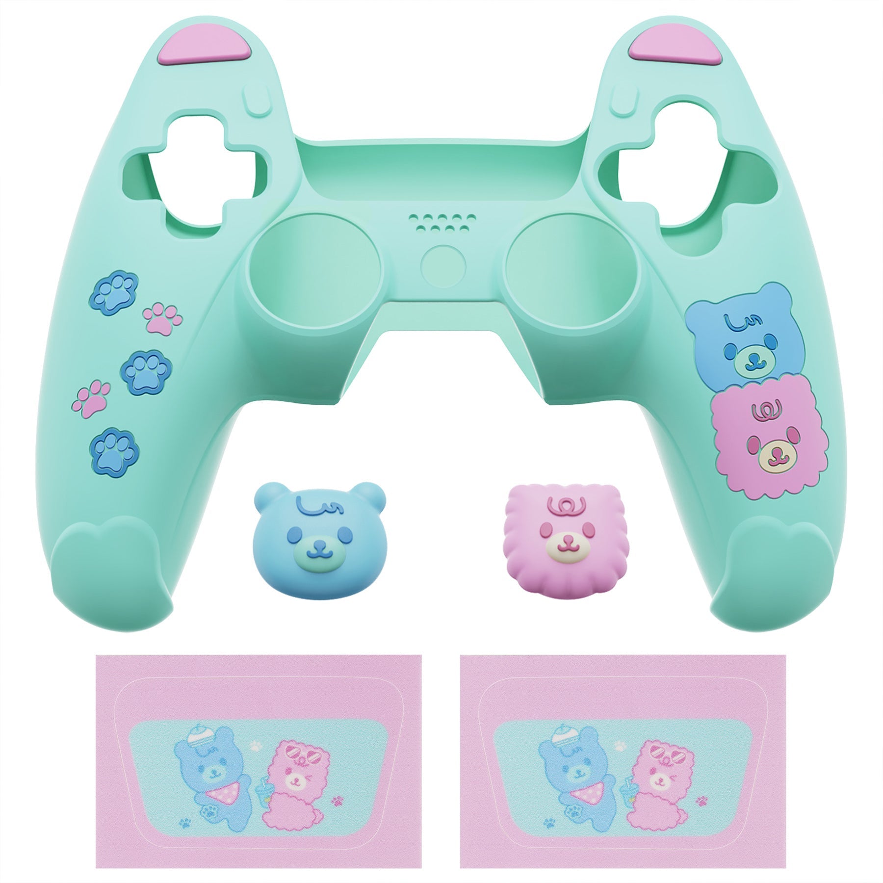 PlayVital Cute Bear Controller Silicone Case with Thumb Grips for PS5 Wireless Controller, Compatible with Charging Station - Green & Pink - UYBPFP004 PlayVital