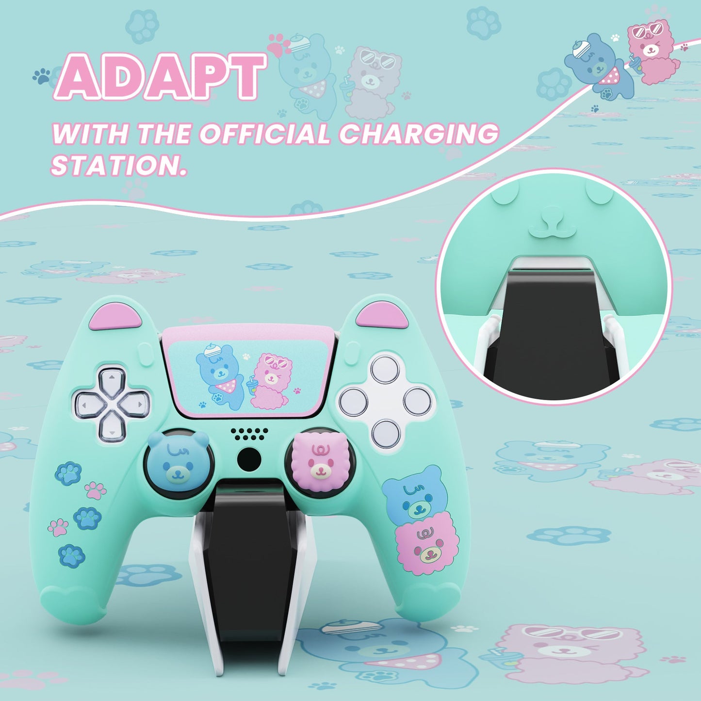 PlayVital Cute Bear Controller Silicone Case with Thumb Grips for PS5 Wireless Controller, Compatible with Charging Station - Green & Pink - UYBPFP004 PlayVital