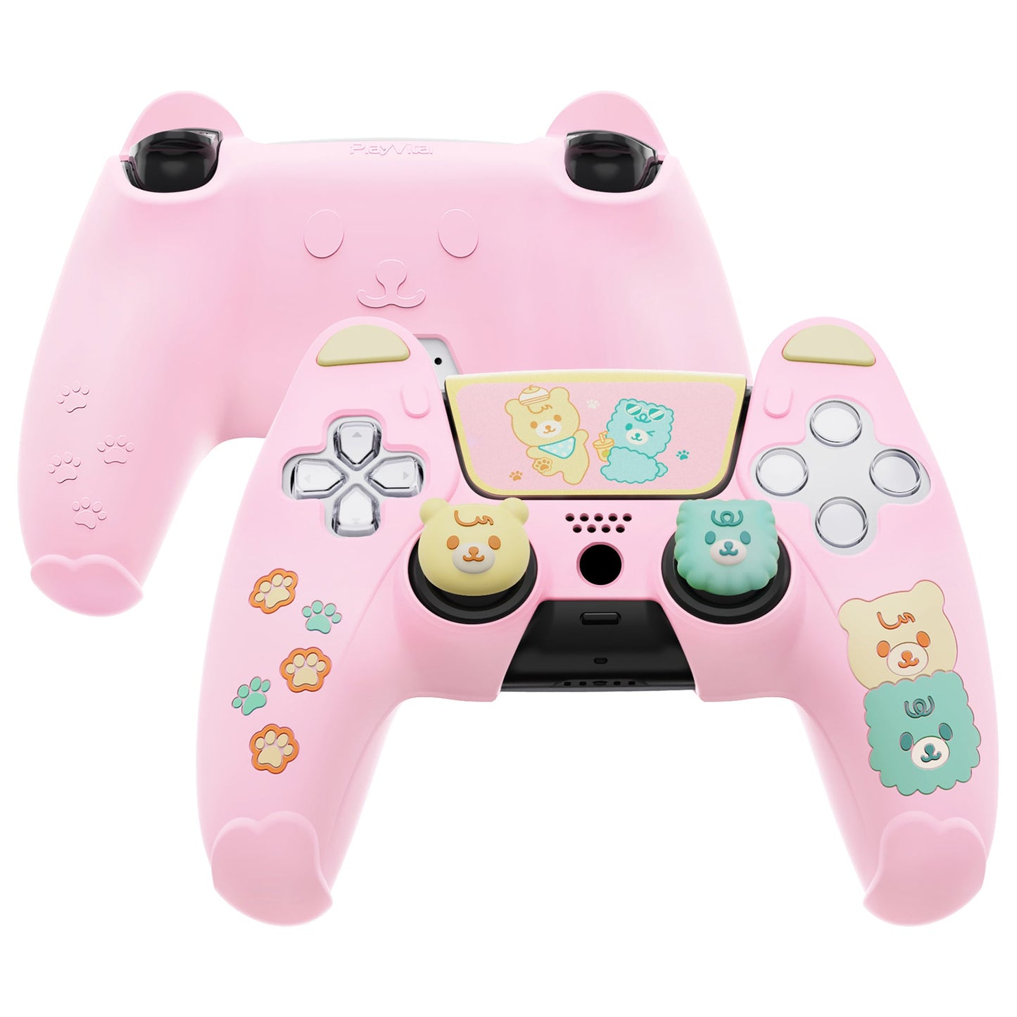 PlayVital Cute Bear Controller Silicone Case with Thumb Grips for PS5 Wireless Controller, Compatible with Charging Station - Pink & Yellow - UYBPFP002 PlayVital