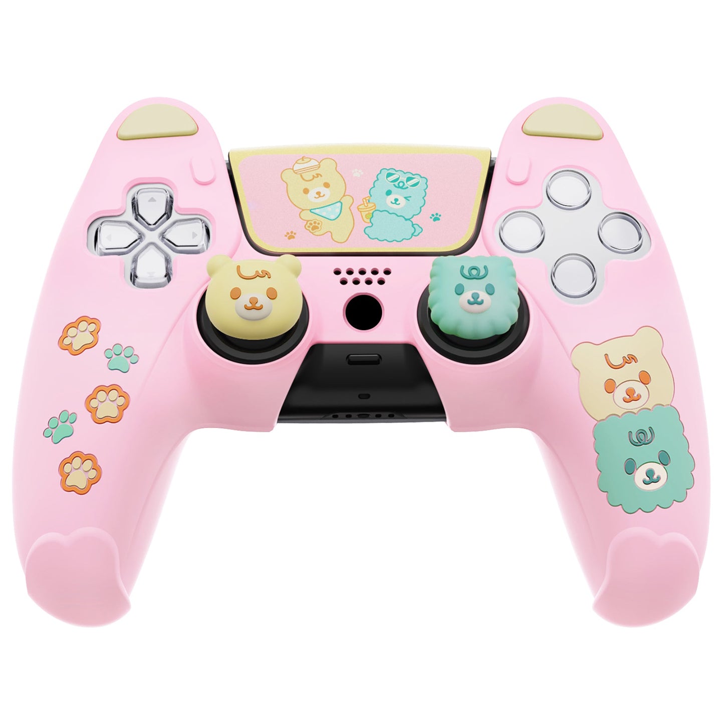 PlayVital Cute Bear Controller Silicone Case with Thumb Grips for PS5 Wireless Controller, Compatible with Charging Station - Pink & Yellow - UYBPFP002 PlayVital