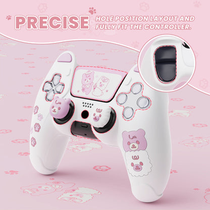 PlayVital Cute Bear Controller Silicone Case with Thumb Grips for PS5 Wireless Controller, Compatible with Charging Station - White & Pink - UYBPFP003 PlayVital