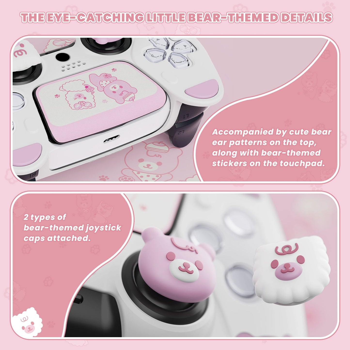 PlayVital Cute Bear Controller Silicone Case with Thumb Grips for PS5 Wireless Controller, Compatible with Charging Station - White & Pink - UYBPFP003 PlayVital