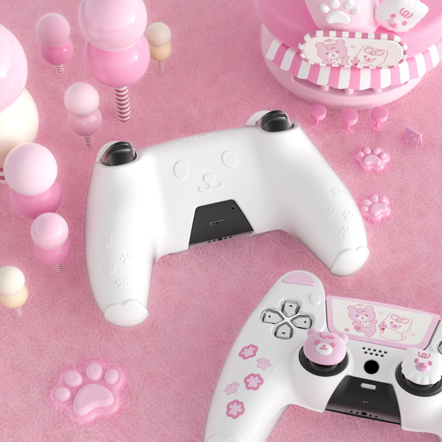 PlayVital Cute Bear Controller Silicone Case with Thumb Grips for PS5 Wireless Controller, Compatible with Charging Station - White & Pink - UYBPFP003 PlayVital