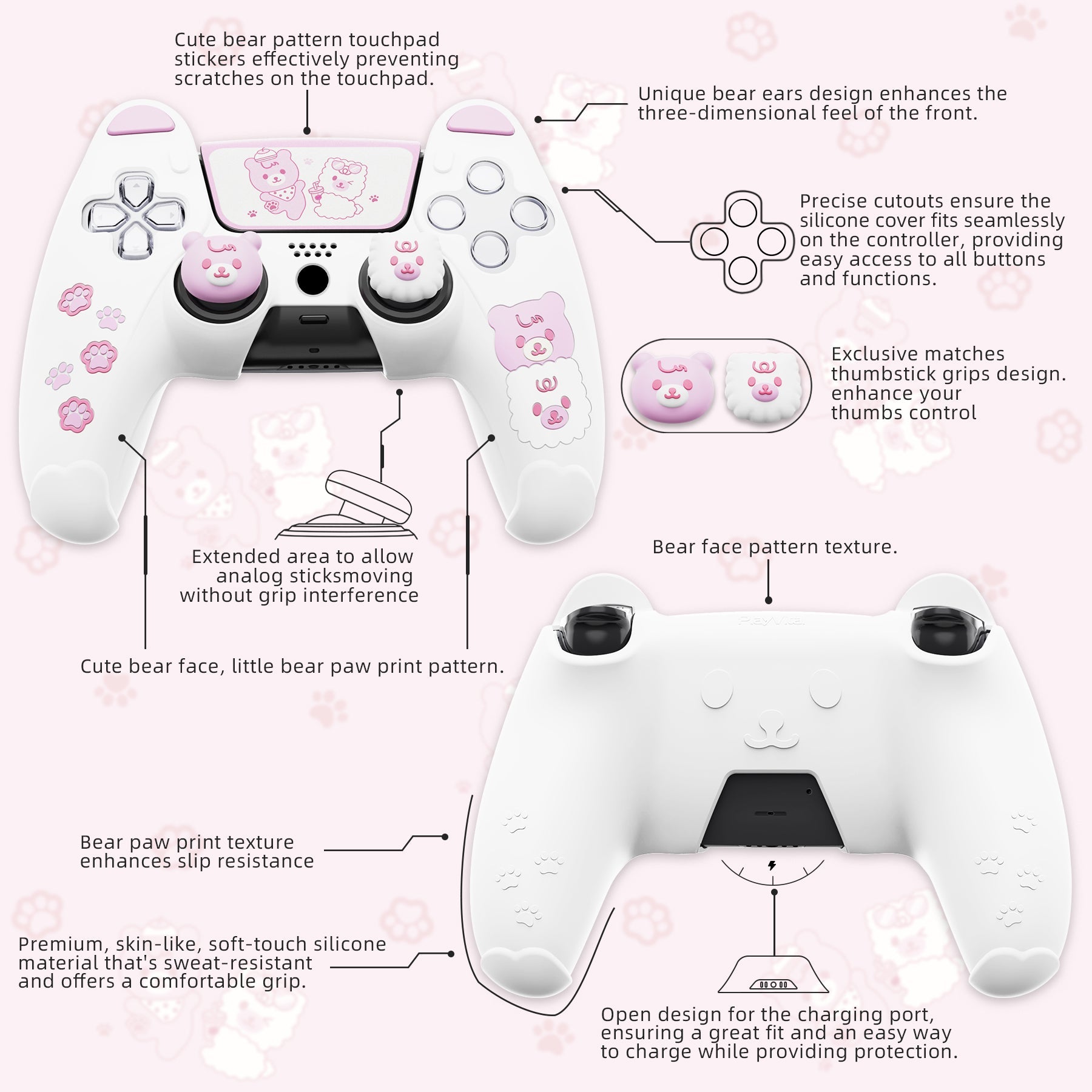 PlayVital Cute Bear Controller Silicone Case with Thumb Grips for PS5 Wireless Controller, Compatible with Charging Station - White & Pink - UYBPFP003 PlayVital