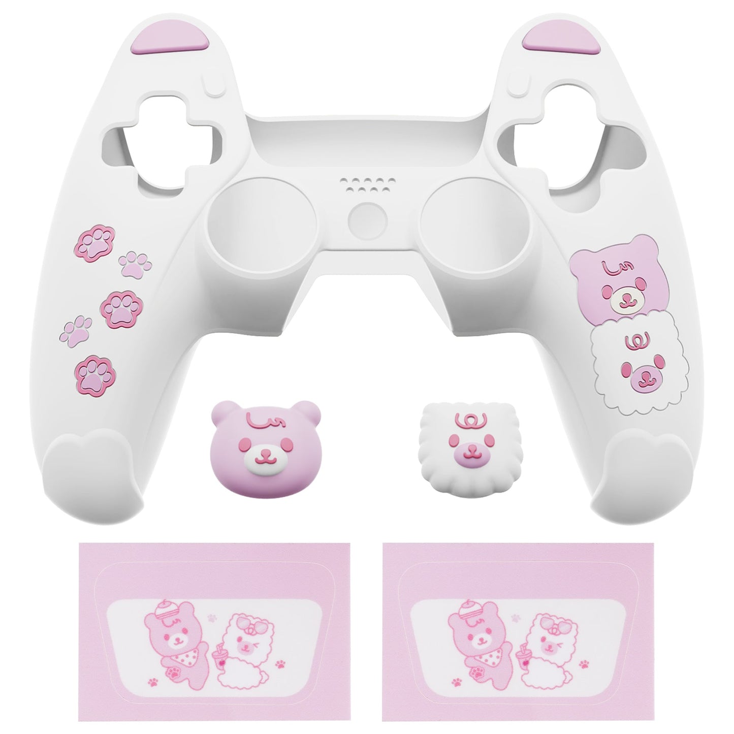 PlayVital Cute Bear Controller Silicone Case with Thumb Grips for PS5 Wireless Controller, Compatible with Charging Station - White & Pink - UYBPFP003 PlayVital