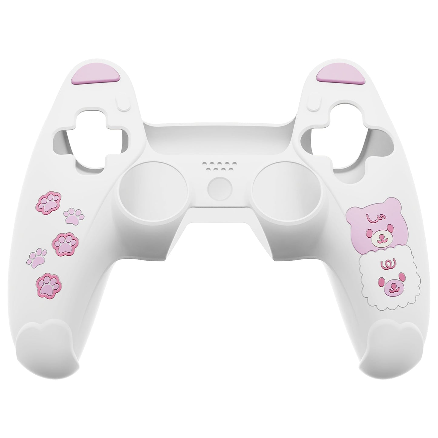 PlayVital Cute Bear Controller Silicone Case with Thumb Grips for PS5 Wireless Controller, Compatible with Charging Station - White & Pink - UYBPFP003 PlayVital