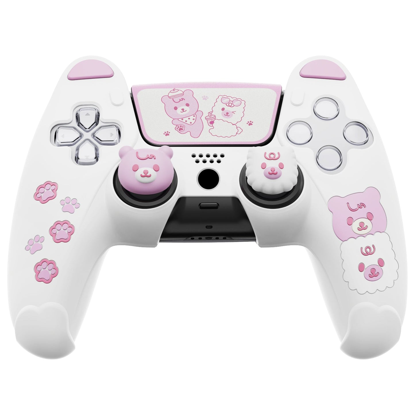 PlayVital Cute Bear Controller Silicone Case with Thumb Grips for PS5 Wireless Controller, Compatible with Charging Station - White & Pink - UYBPFP003 PlayVital