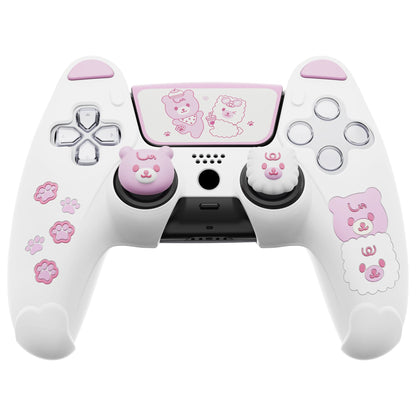 PlayVital Cute Bear Controller Silicone Case with Thumb Grips for PS5 Wireless Controller, Compatible with Charging Station - White & Pink - UYBPFP003 PlayVital