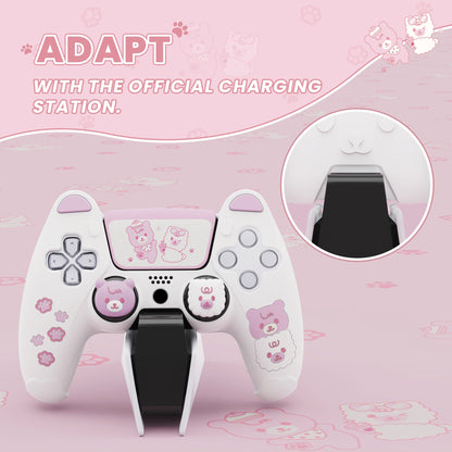 PlayVital Cute Bear Controller Silicone Case with Thumb Grips for PS5 Wireless Controller, Compatible with Charging Station - White & Pink - UYBPFP003 PlayVital