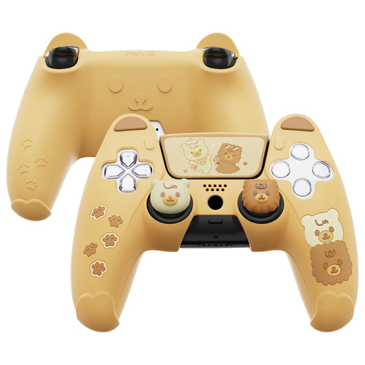 PlayVital Cute Bear Controller Silicone Case with Thumb Grips for PS5 Wireless Controller, Compatible with Charging Station - Yellow & Brown - UYBPFP001 PlayVital