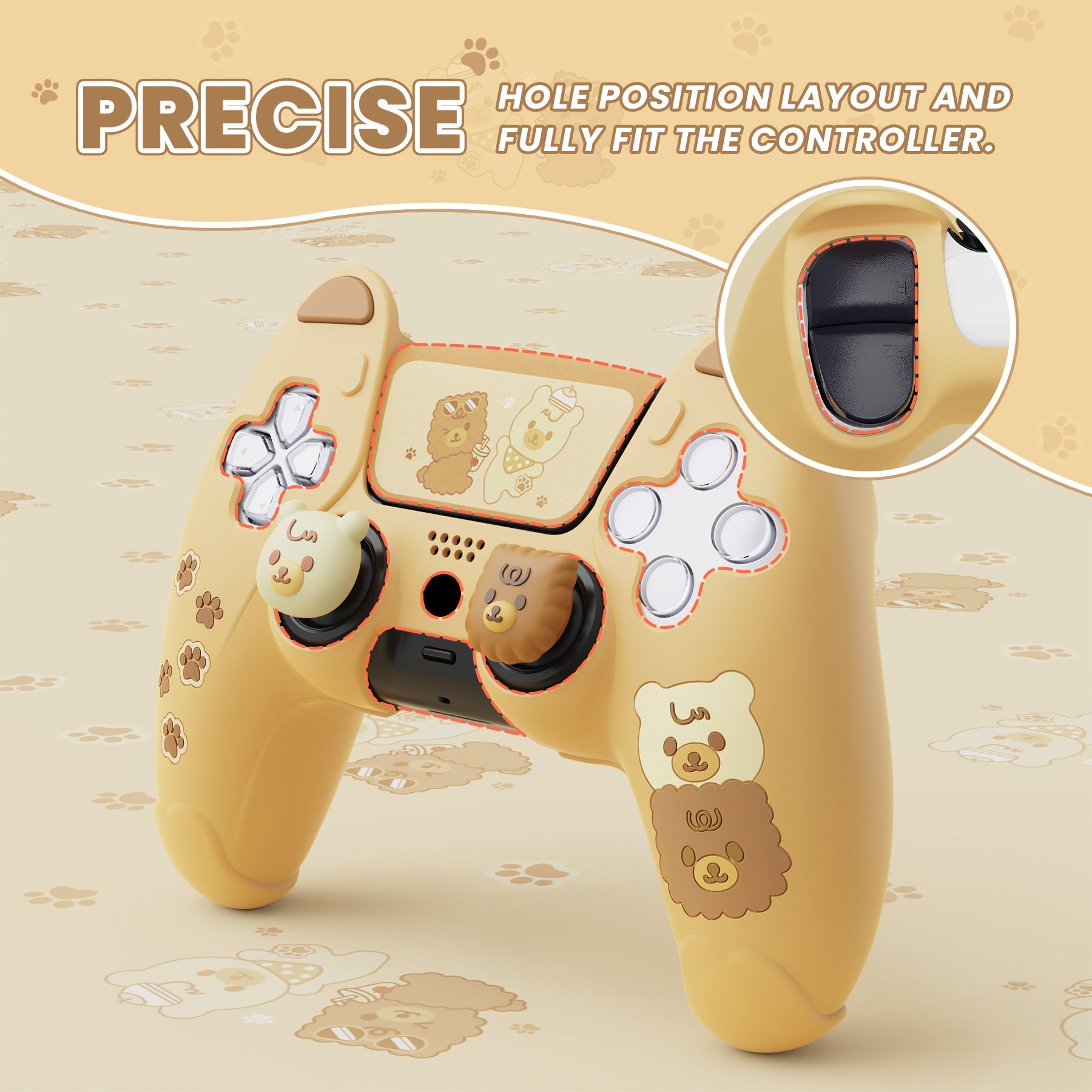 PlayVital Cute Bear Controller Silicone Case with Thumb Grips for PS5 Wireless Controller, Compatible with Charging Station - Yellow & Brown - UYBPFP001 PlayVital