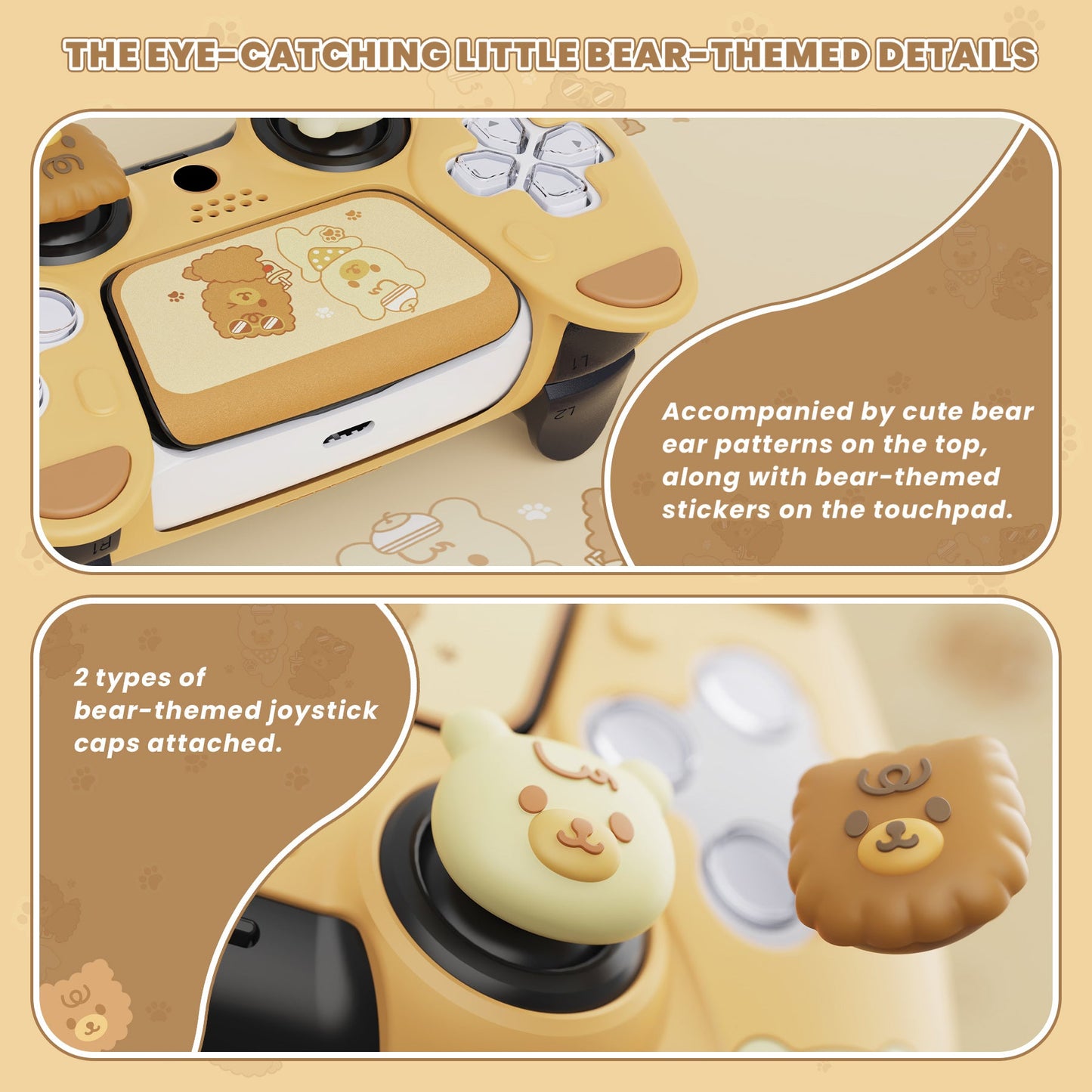 PlayVital Cute Bear Controller Silicone Case with Thumb Grips for PS5 Wireless Controller, Compatible with Charging Station - Yellow & Brown - UYBPFP001 PlayVital