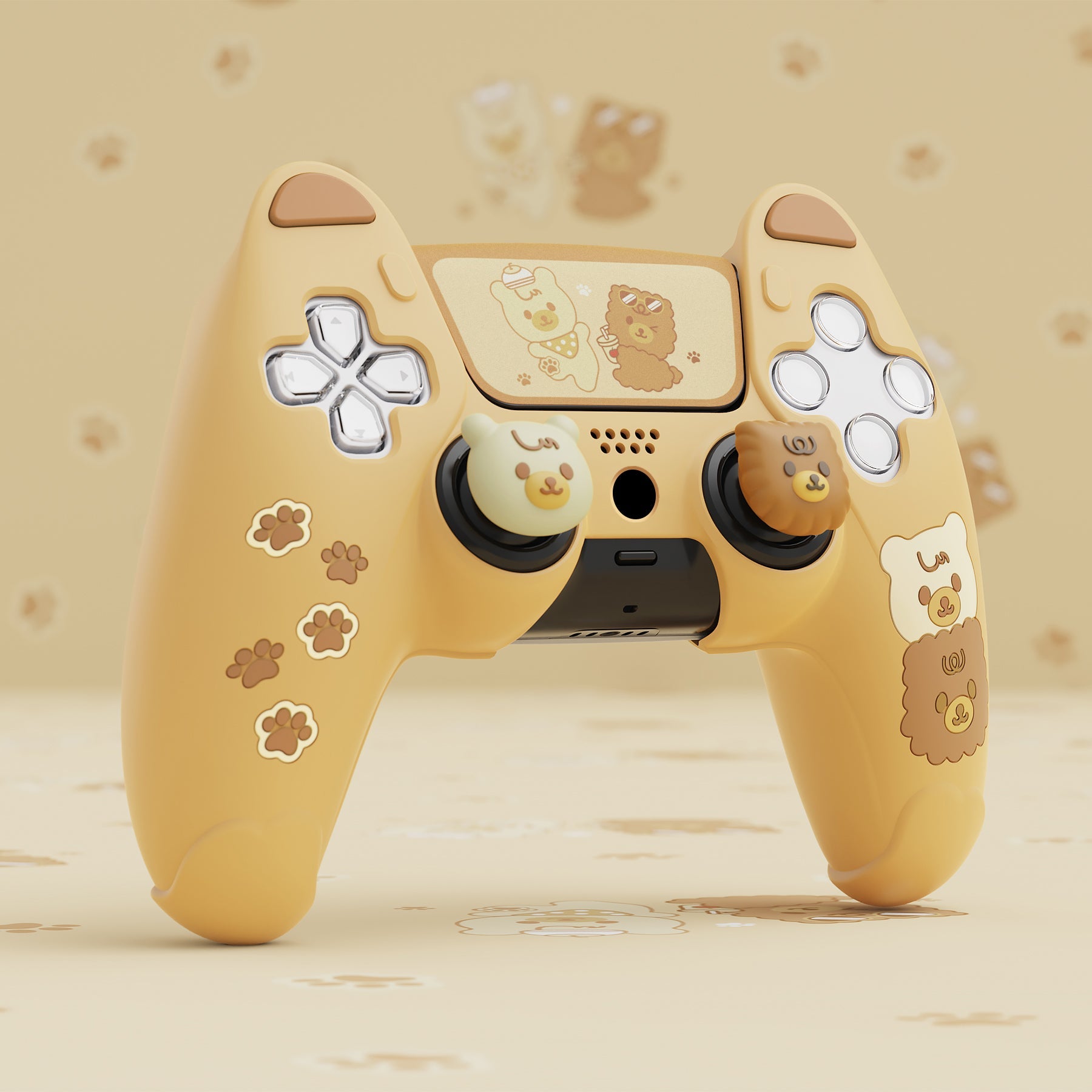 PlayVital Cute Bear Controller Silicone Case with Thumb Grips for PS5 Wireless Controller, Compatible with Charging Station - Yellow & Brown - UYBPFP001 PlayVital