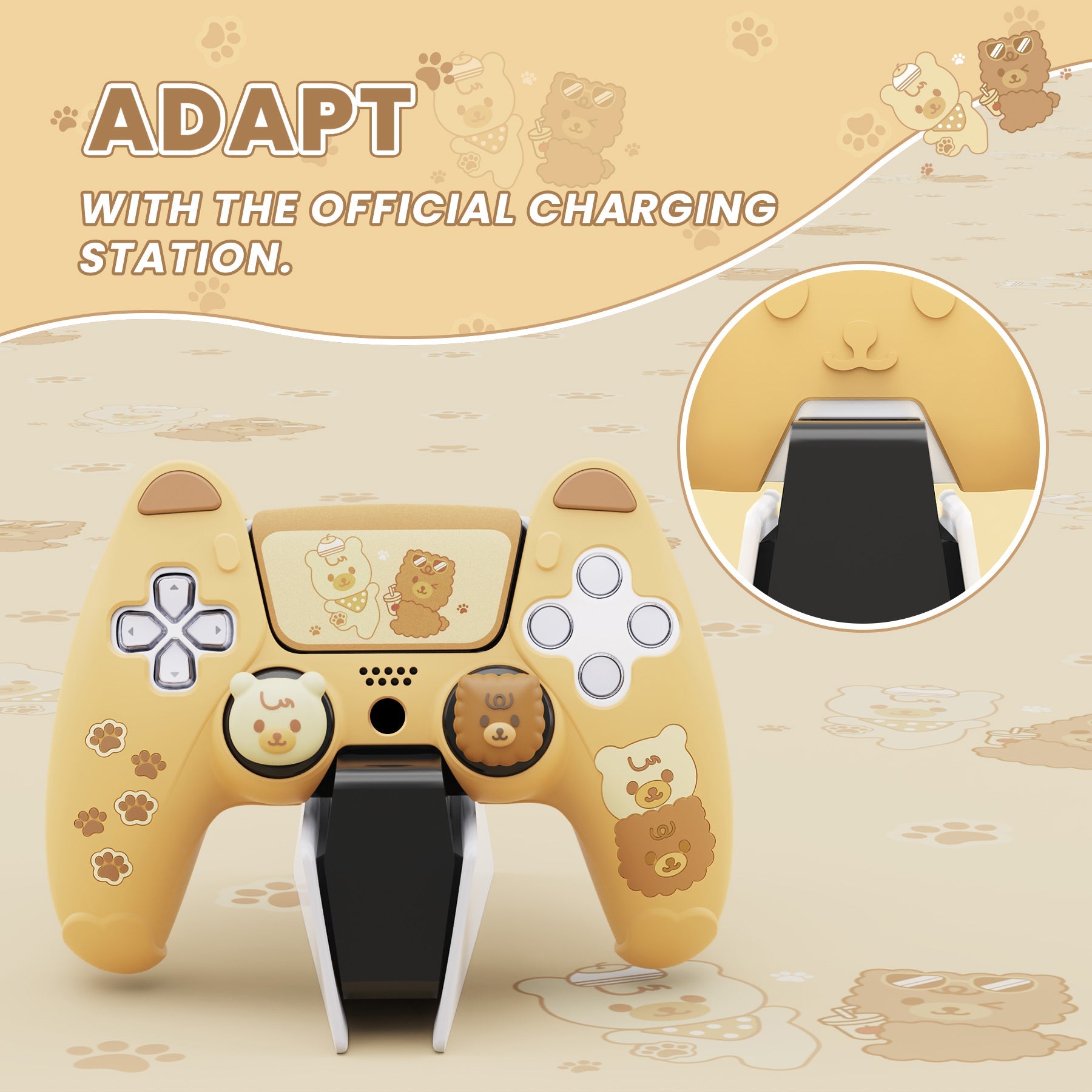 PlayVital Cute Bear Controller Silicone Case with Thumb Grips for PS5 Wireless Controller, Compatible with Charging Station - Yellow & Brown - UYBPFP001 PlayVital