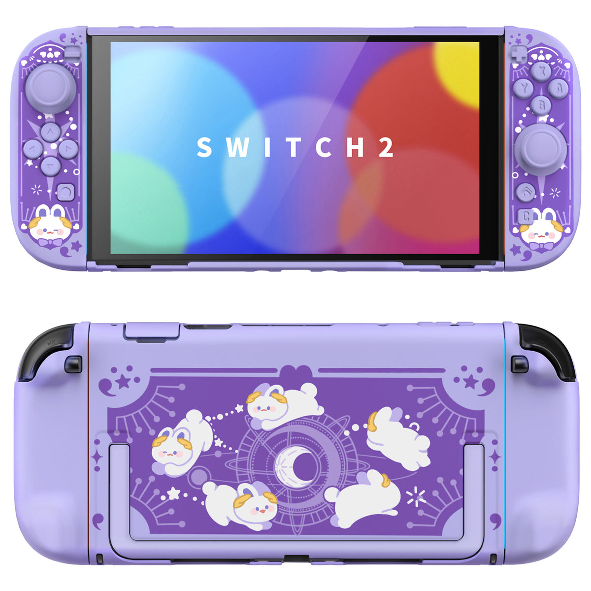 PlayVital キュートなカートゥーンデザイン ハード保護ケース Nintendo Switch 2 用 キズ防止・ドック対応 かわいいハードシェル サムグリップ＆ステッカー＆ボタンキャップ付き【星のうさぎ オービット】