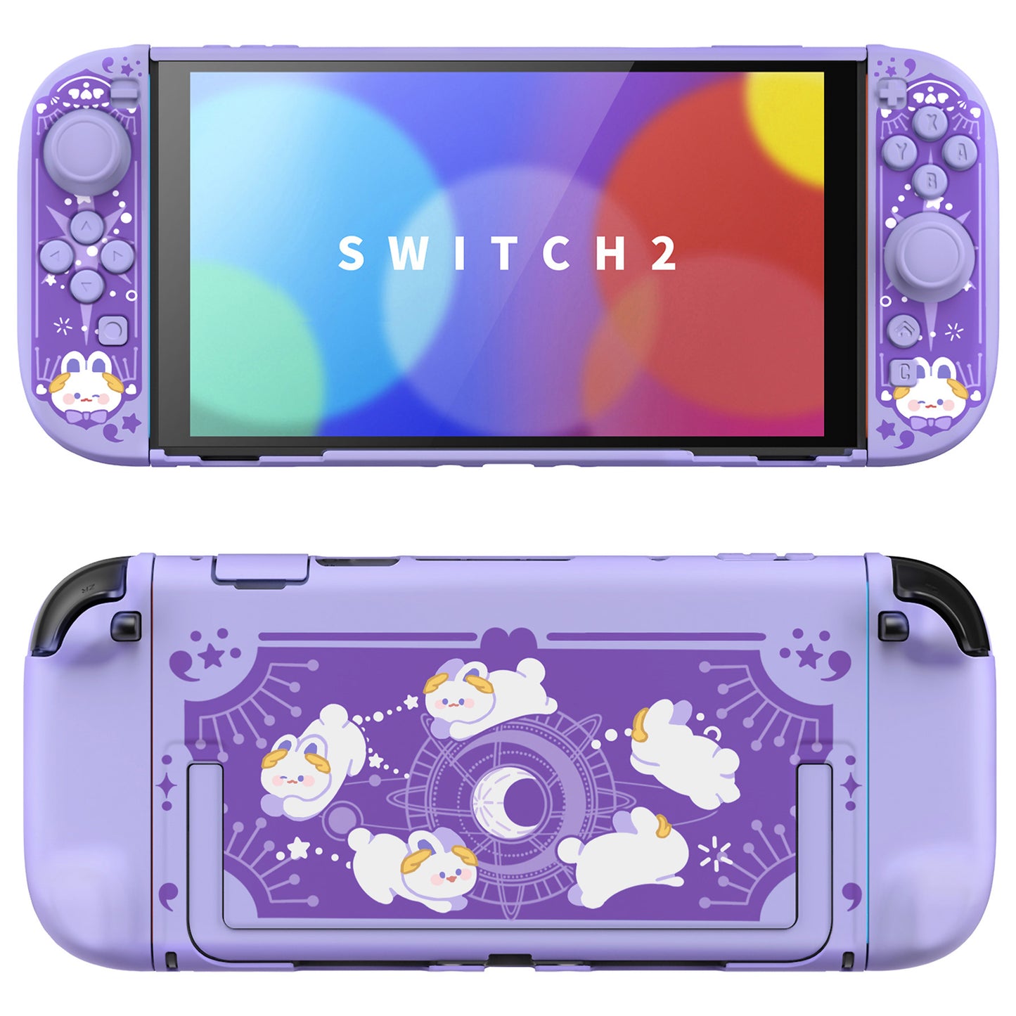 PlayVital キュートなカートゥーンデザイン ハード保護ケース Nintendo Switch 2 用 キズ防止・ドック対応 かわいいハードシェル サムグリップ＆ステッカー＆ボタンキャップ付き【星のうさぎ オービット】