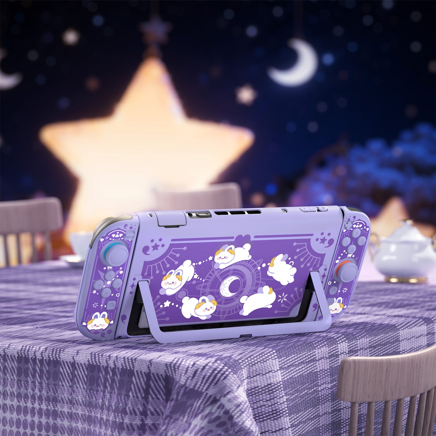 PlayVital キュートなカートゥーンデザイン ハード保護ケース Nintendo Switch 2 用 キズ防止・ドック対応 かわいいハードシェル サムグリップ＆ステッカー＆ボタンキャップ付き【星のうさぎ オービット】