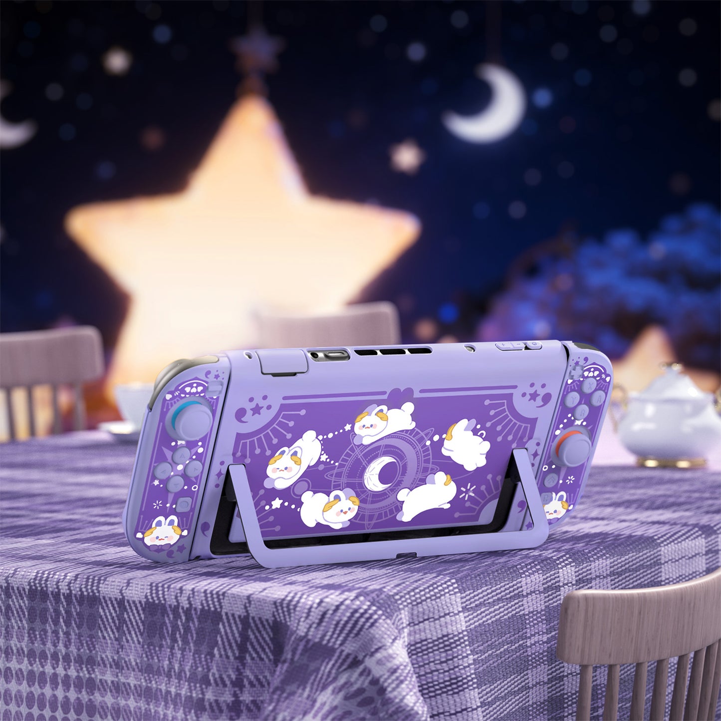 PlayVital キュートなカートゥーンデザイン ハード保護ケース Nintendo Switch 2 用 キズ防止・ドック対応 かわいいハードシェル サムグリップ＆ステッカー＆ボタンキャップ付き【星のうさぎ オービット】