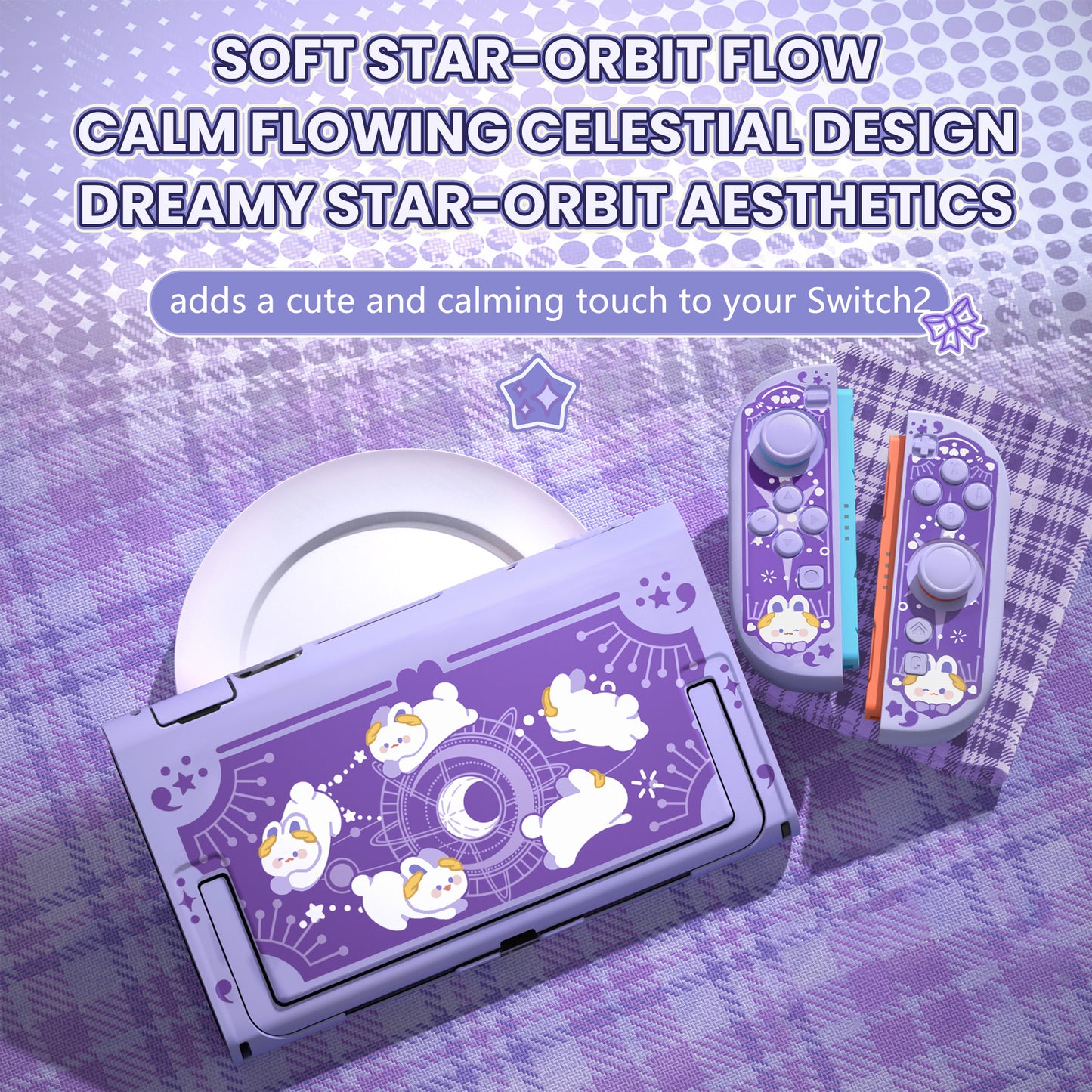 PlayVital キュートなカートゥーンデザイン ハード保護ケース Nintendo Switch 2 用 キズ防止・ドック対応 かわいいハードシェル サムグリップ＆ステッカー＆ボタンキャップ付き【星のうさぎ オービット】