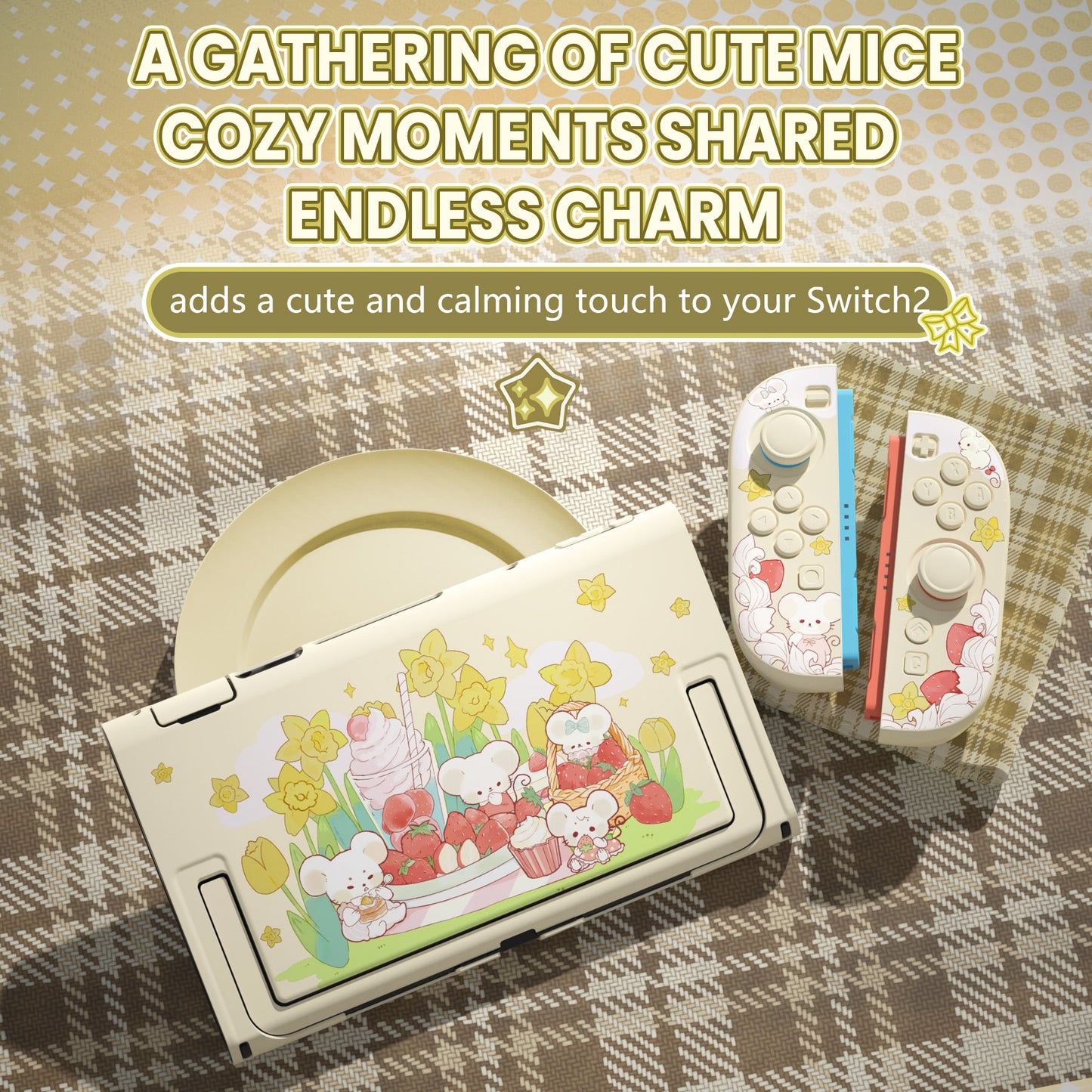 PlayVital キュートなカートゥーンデザイン ハード保護ケース Nintendo Switch 2 用 キズ防止・ドック対応 かわいいハードシェル サムグリップ＆ステッカー＆ボタンキャップ付き 【クリーミーネズミちゃんのピクニック】