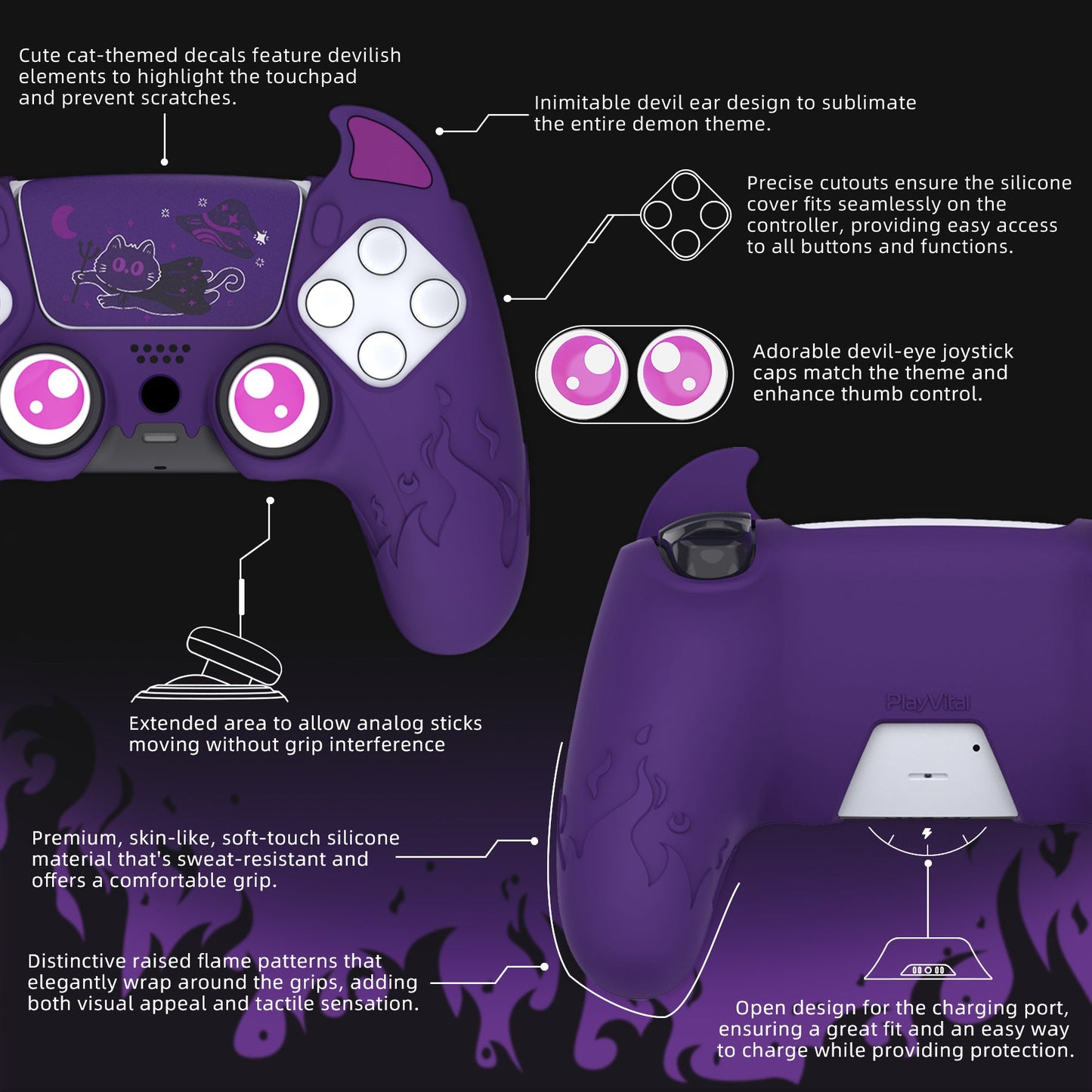 PlayVital Cute Demon Controller Silicone Case with Thumb Grips for PS5 Wireless Controller, Compatible with Charging Station - Purple - DEPFP002 PlayVital