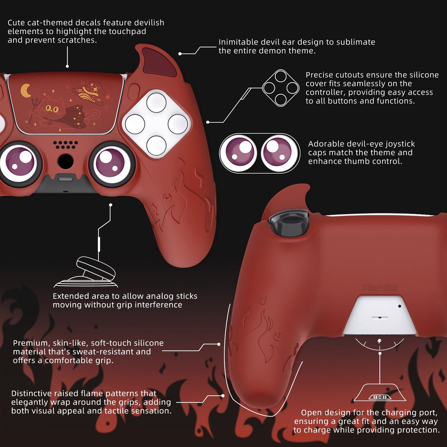 PlayVital Cute Demon Controller Silicone Case with Thumb Grips for PS5 Wireless Controller, Compatible with Charging Station - Red - DEPFP005 PlayVital