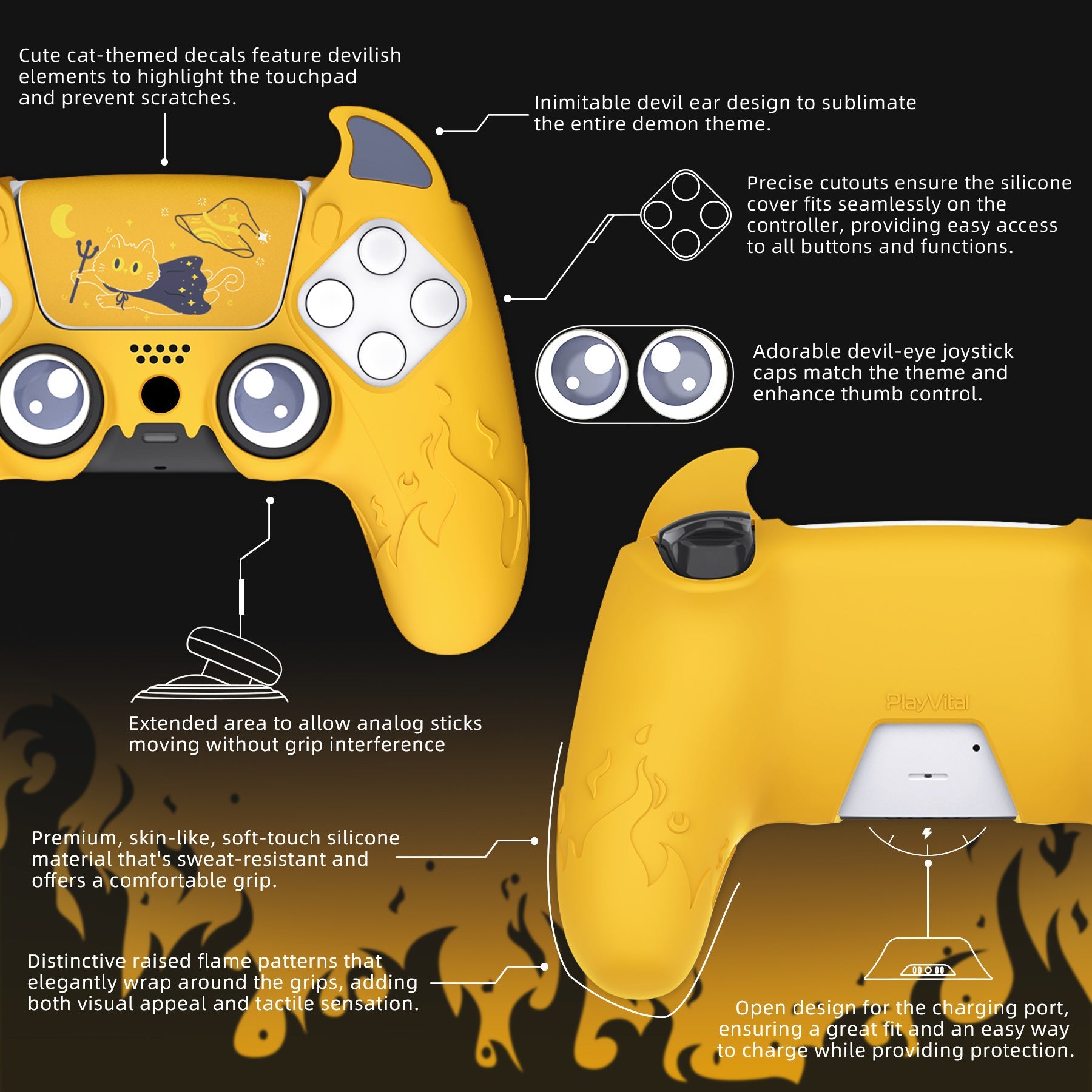 PlayVital Cute Demon Controller Silicone Case with Thumb Grips for PS5 Wireless Controller, Compatible with Charging Station - Yellow - DEPFP006 PlayVital