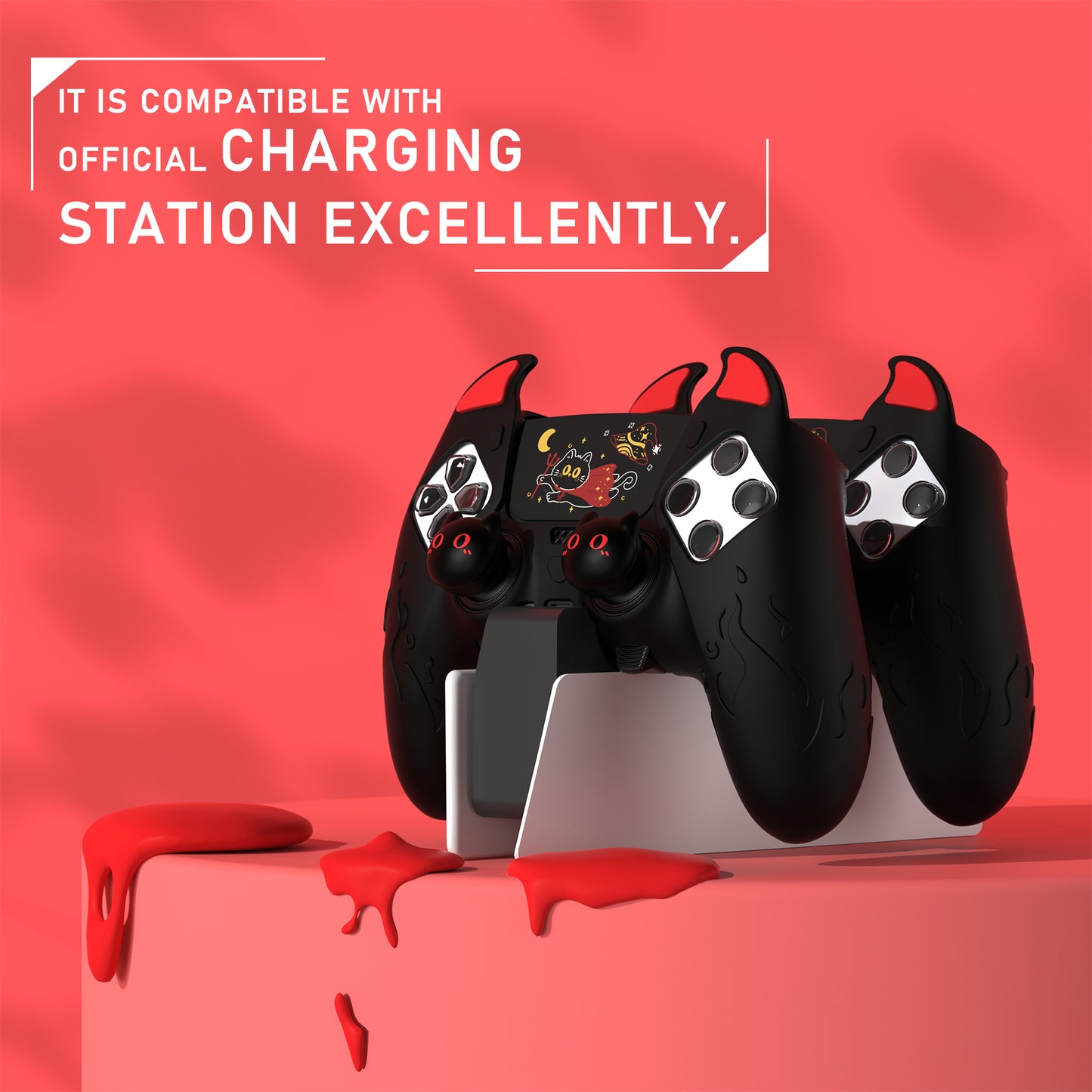PlayVital キュートデーモン シリコンカバー（タッチパッドステッカー＆サムグリップキャップ付き）PS5 Edge コントローラー用【ブラック】