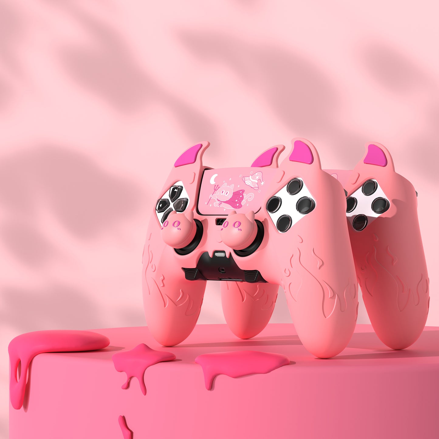 PlayVital キュートデーモン シリコンカバー（タッチパッドステッカー＆サムグリップキャップ付き）PS5 Edge コントローラー用【ピンク】