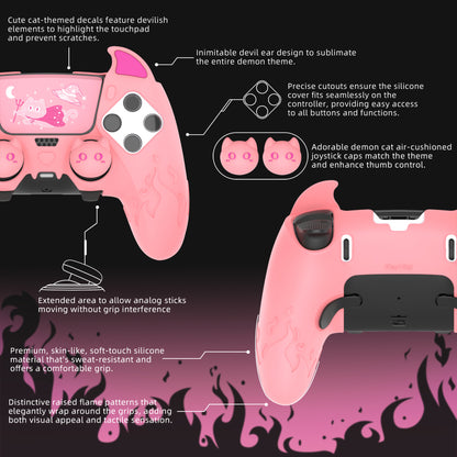 PlayVital キュートデーモン シリコンカバー（タッチパッドステッカー＆サムグリップキャップ付き）PS5 Edge コントローラー用【ピンク】