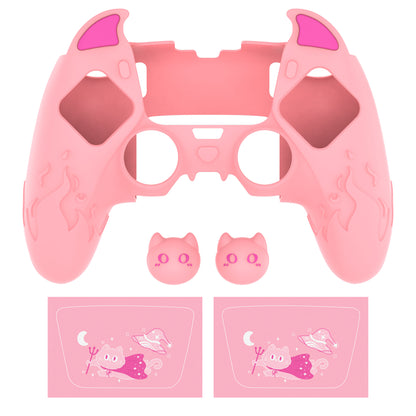 PlayVital キュートデーモン シリコンカバー（タッチパッドステッカー＆サムグリップキャップ付き）PS5 Edge コントローラー用【ピンク】
