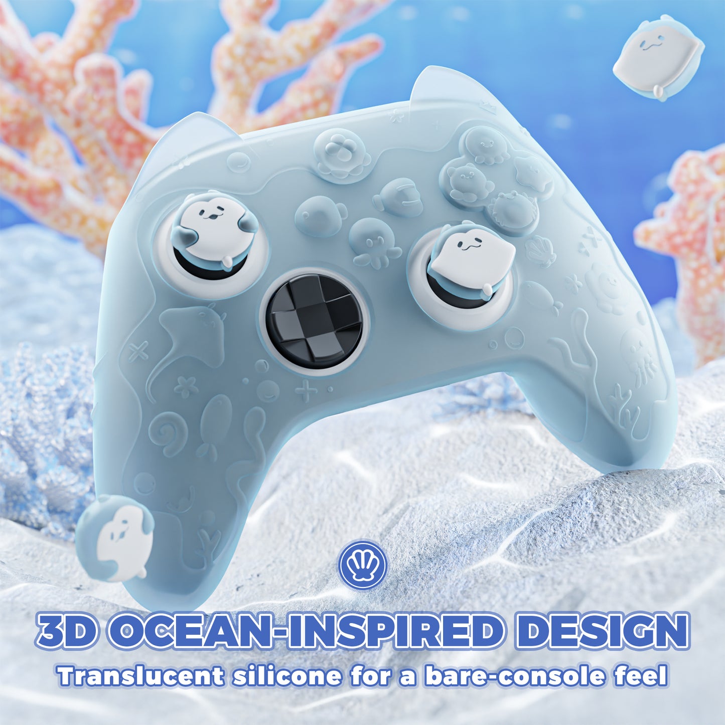 PlayVital Cute Ocean Whisper Series シリコンカバー for Xbox Series X/S コントローラー 半透明シリコングリップスキン / 親指グリップ＆ステッカー付き【ミントブルー】