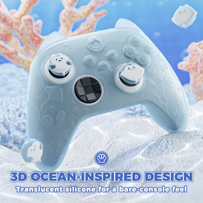 PlayVital Cute Ocean Whisper Series シリコンカバー for Xbox Series X/S コントローラー 半透明シリコングリップスキン / 親指グリップ＆ステッカー付き【ミントブルー】