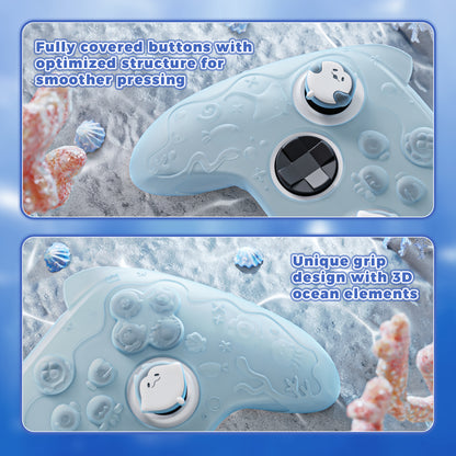 PlayVital Cute Ocean Whisper Series シリコンカバー for Xbox Series X/S コントローラー 半透明シリコングリップスキン / 親指グリップ＆ステッカー付き【ミントブルー】