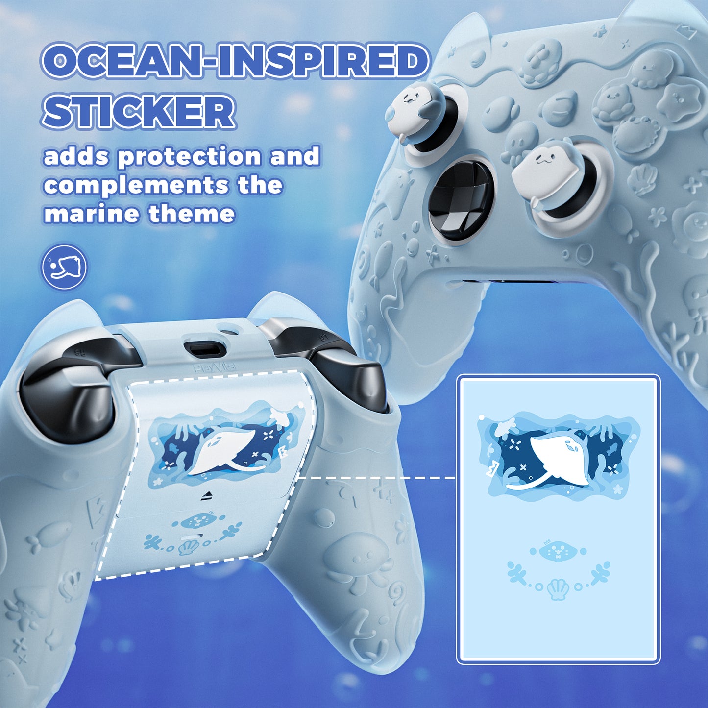 PlayVital Cute Ocean Whisper Series シリコンカバー for Xbox Series X/S コントローラー 半透明シリコングリップスキン / 親指グリップ＆ステッカー付き【ミントブルー】