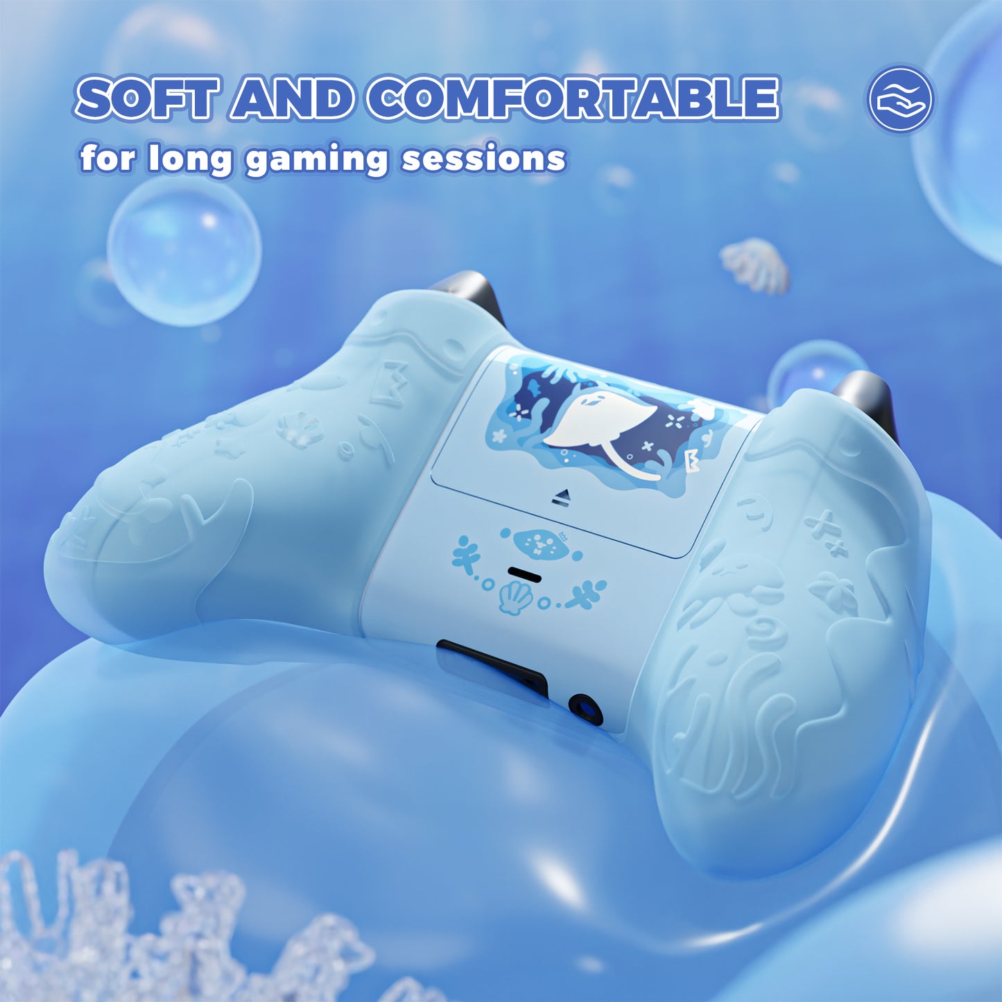 PlayVital Cute Ocean Whisper Series シリコンカバー for Xbox Series X/S コントローラー 半透明シリコングリップスキン / 親指グリップ＆ステッカー付き【ミントブルー】