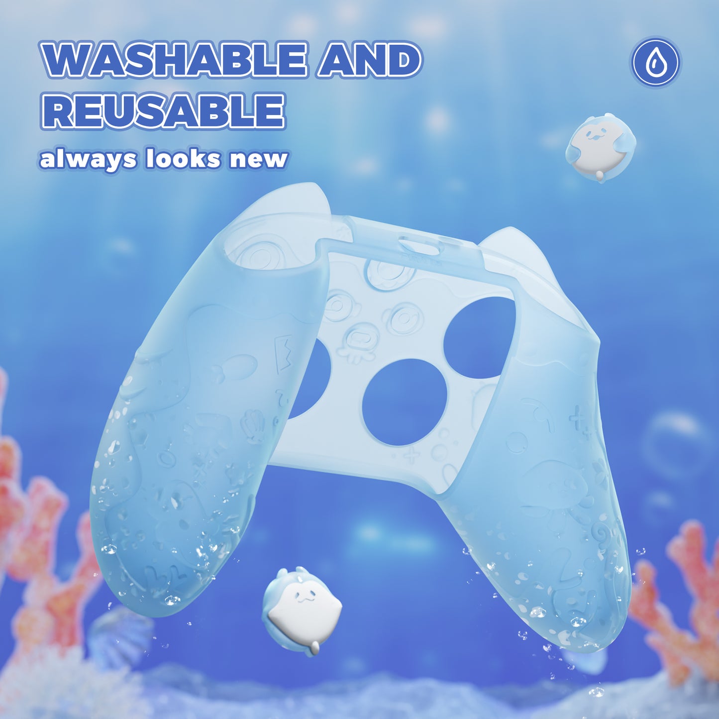 PlayVital Cute Ocean Whisper Series シリコンカバー for Xbox Series X/S コントローラー 半透明シリコングリップスキン / 親指グリップ＆ステッカー付き【ミントブルー】