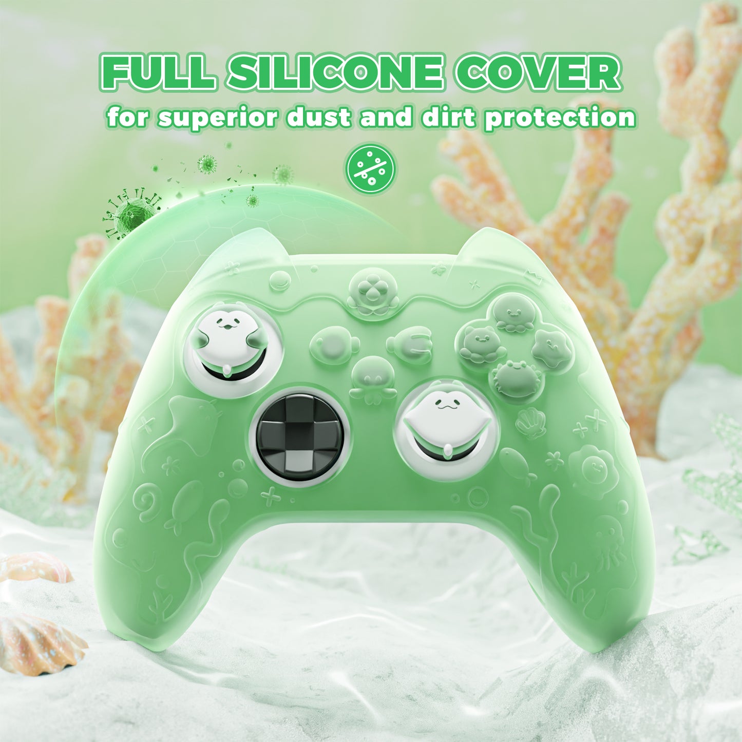 PlayVital 可愛いオーシャンウィスパーシリーズ シリコンカバー for Xbox Series X/S コントローラー 半透明シリコングリップスキン / 親指グリップ＆ステッカー付き 【パステルグリーン】