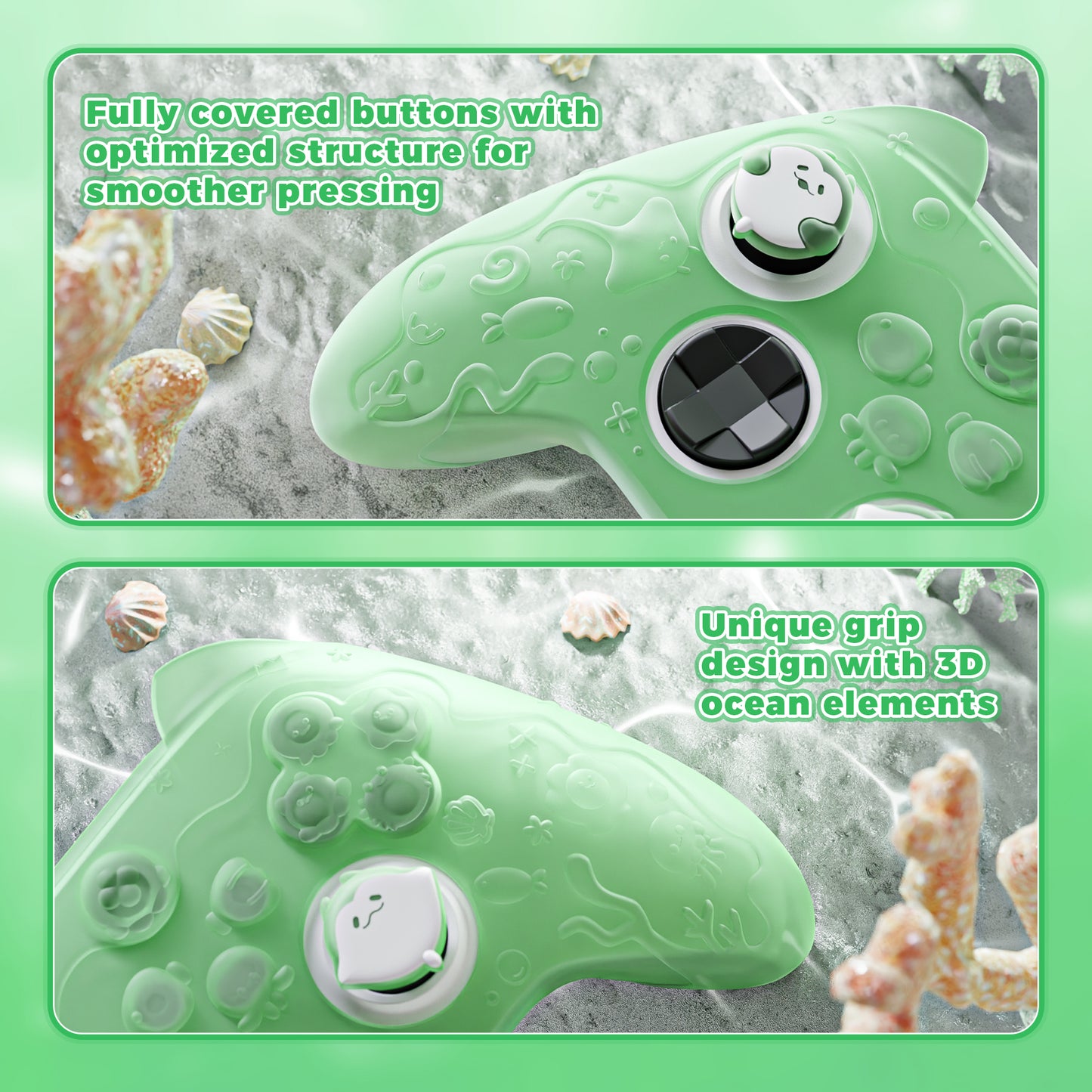 PlayVital 可愛いオーシャンウィスパーシリーズ シリコンカバー for Xbox Series X/S コントローラー 半透明シリコングリップスキン / 親指グリップ＆ステッカー付き 【パステルグリーン】