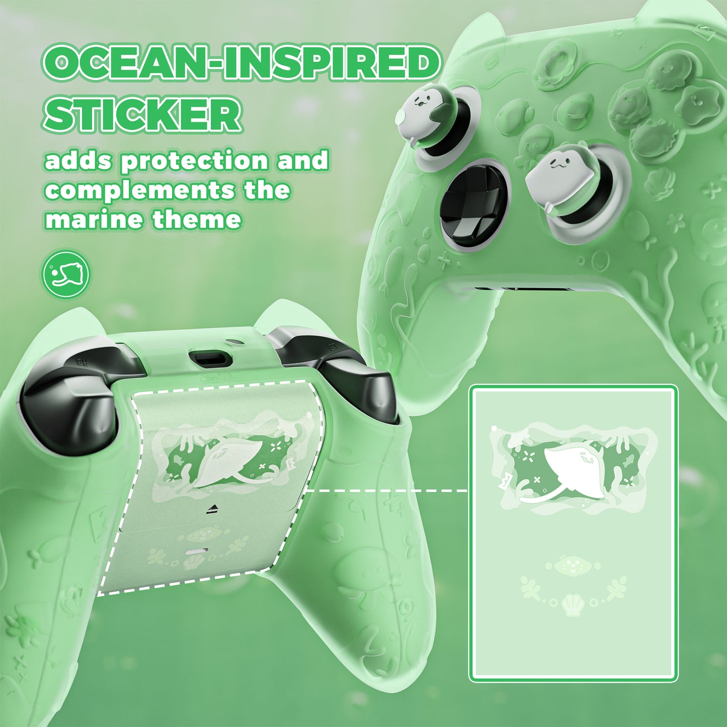 PlayVital 可愛いオーシャンウィスパーシリーズ シリコンカバー for Xbox Series X/S コントローラー 半透明シリコングリップスキン / 親指グリップ＆ステッカー付き 【パステルグリーン】