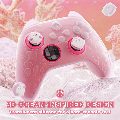 PlayVital Cute Ocean Whisper Series シリコンカバー for Xbox Series X/S コントローラー 半透明シリコングリップスキン / 親指グリップ＆ステッカー付き【ピーチピンク】