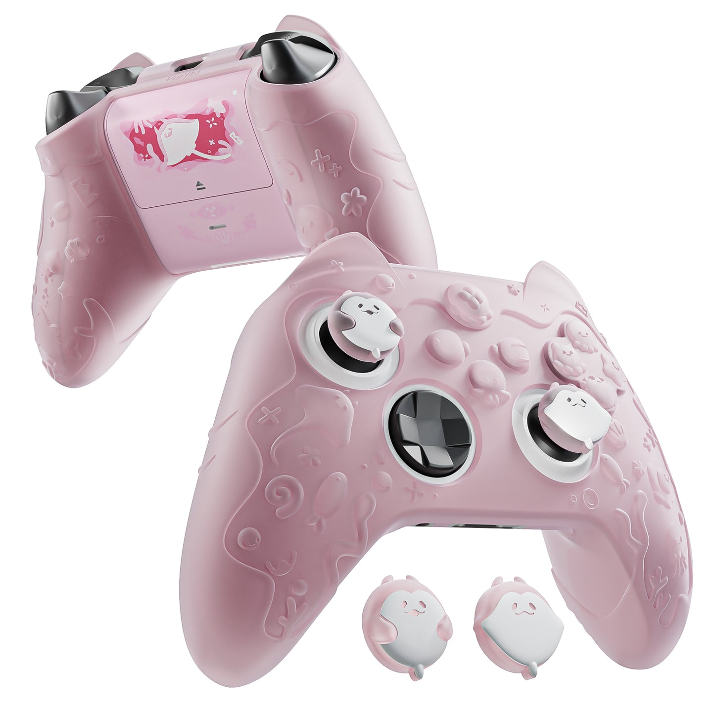 PlayVital 可愛いオーシャンウィスパーシリーズ シリコンカバー for Xbox Series X/S コントローラー 半透明シリコングリップスキン / 親指グリップ＆ステッカー付き【ピーチピンク】
