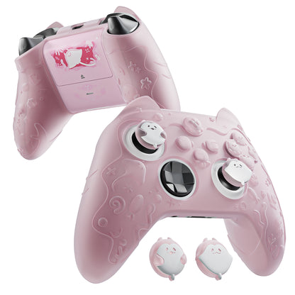 PlayVital 可愛いオーシャンウィスパーシリーズ シリコンカバー for Xbox Series X/S コントローラー 半透明シリコングリップスキン / 親指グリップ＆ステッカー付き【ピーチピンク】