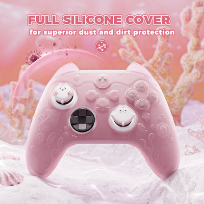 PlayVital 可愛いオーシャンウィスパーシリーズ シリコンカバー for Xbox Series X/S コントローラー 半透明シリコングリップスキン / 親指グリップ＆ステッカー付き【ピーチピンク】