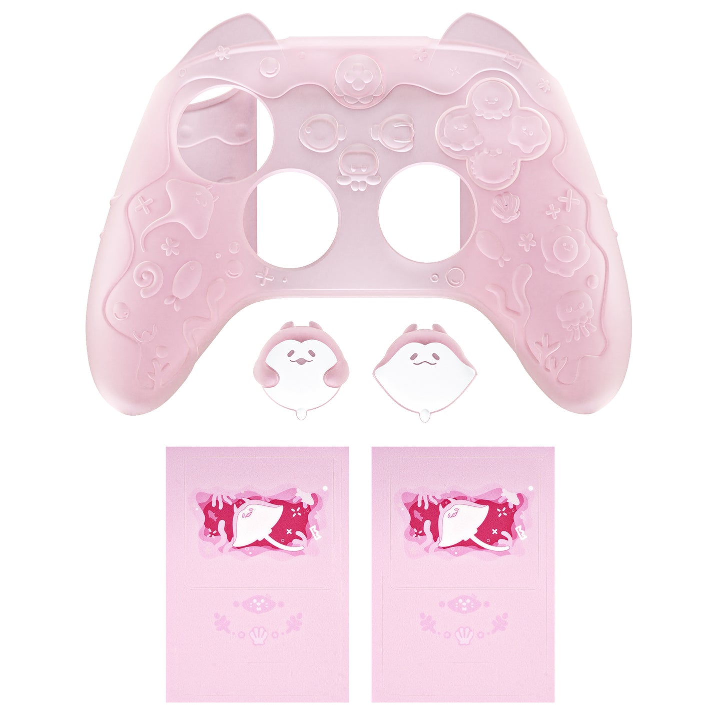 PlayVital 可愛いオーシャンウィスパーシリーズ シリコンカバー for Xbox Series X/S コントローラー 半透明シリコングリップスキン / 親指グリップ＆ステッカー付き【ピーチピンク】