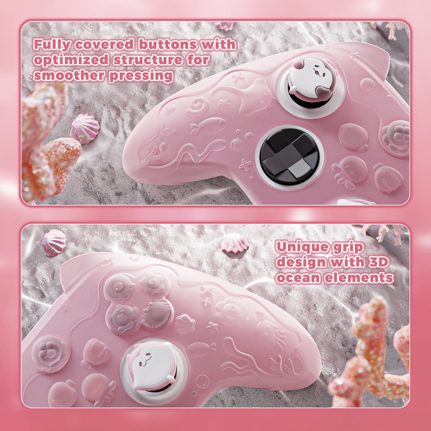 PlayVital 可愛いオーシャンウィスパーシリーズ シリコンカバー for Xbox Series X/S コントローラー 半透明シリコングリップスキン / 親指グリップ＆ステッカー付き【ピーチピンク】