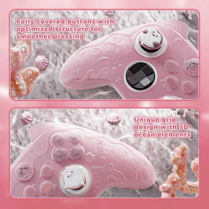 PlayVital 可愛いオーシャンウィスパーシリーズ シリコンカバー for Xbox Series X/S コントローラー 半透明シリコングリップスキン / 親指グリップ＆ステッカー付き【ピーチピンク】