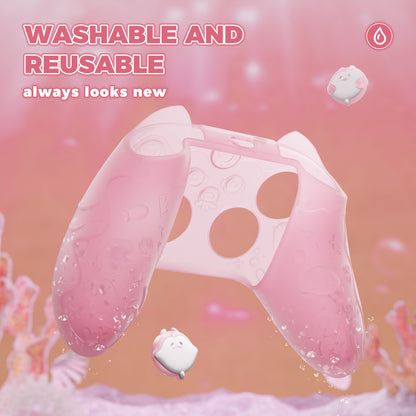 PlayVital Cute Ocean Whisper Series シリコンカバー for Xbox Series X/S コントローラー 半透明シリコングリップスキン / 親指グリップ＆ステッカー付き【ピーチピンク】