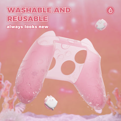 PlayVital 可愛いオーシャンウィスパーシリーズ シリコンカバー for Xbox Series X/S コントローラー 半透明シリコングリップスキン / 親指グリップ＆ステッカー付き【ピーチピンク】