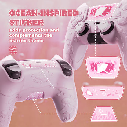 PlayVital キュート・オーシャンウィスパー シリーズ サムグリップ＆ステッカー付き 半透明シリコンカバー for PS5コントローラー 充電スタンド対応【ピーチピンク】